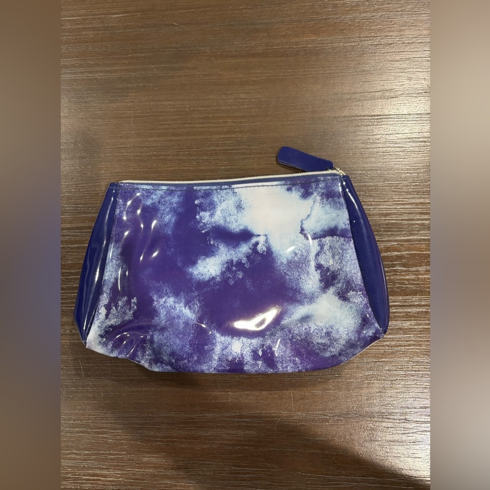 USED ONCE Hard Plastic Blue/White Cosmetic Bag!